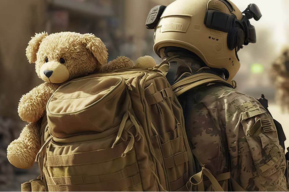 An image of a soldier with a teddy bear in his pack on deployment to illustrate our article o The Impact of Military Deployment on Custody and Visitation Arrangements